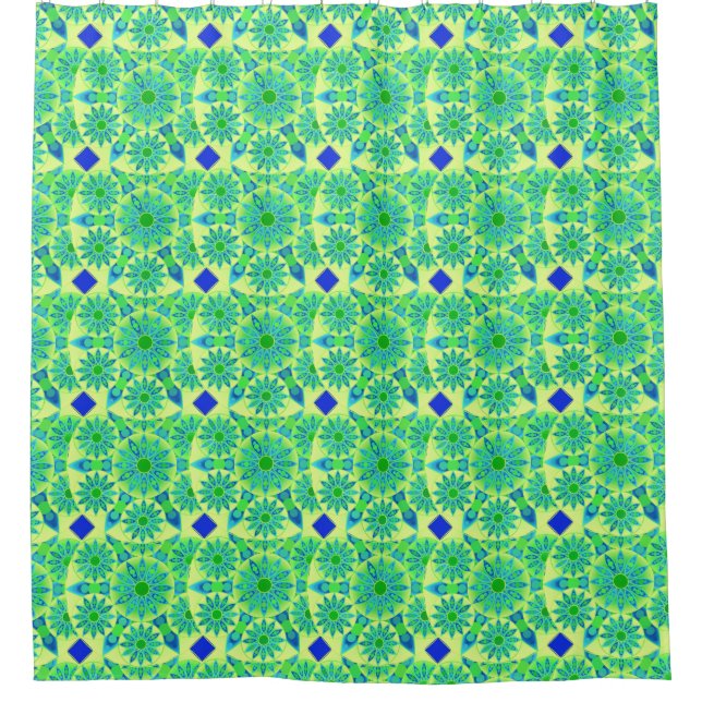 Cortina Para Chuveiro Padrão Mandala, turquesa, azul, verde limão (Frente)