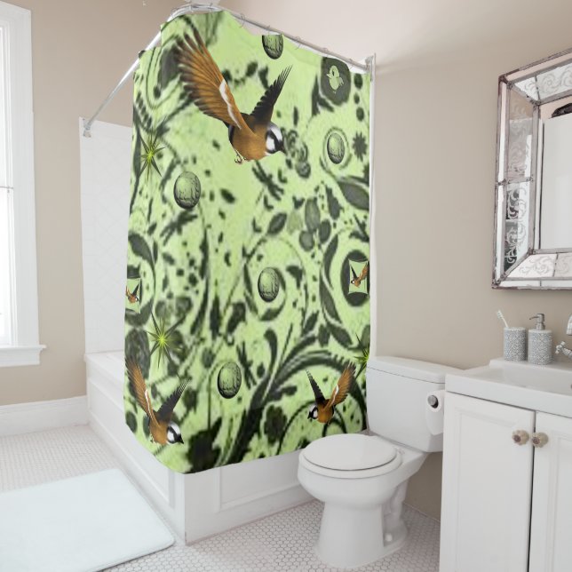 Cortina Para Chuveiro Pássaros - cortina verde para o chuveiro (In Situ)