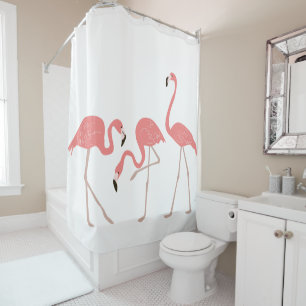 Cortina Para Chuveiro Pássaros Tropicais Rosa-Flamingos