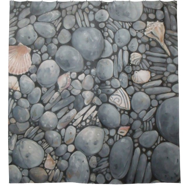 Cortina Para Chuveiro Pedras de Praia Conchas Pebbles Rochas Pintura (Frente)