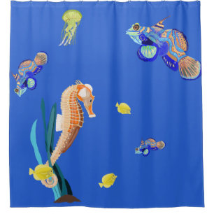 Cortina Para Chuveiro Peixes tropicais coloridos e cavalo marinho
