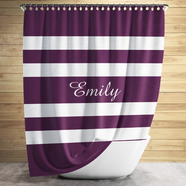 Cortina Para Chuveiro Personalizado Elegante Roxo Listrado Branco (Modern Purple Striped Pattern Name Shower Curtain)