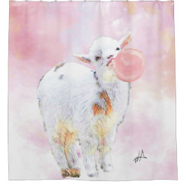 Cortina Para Chuveiro Pink Watercolor Adorable Baby Goat com Bubblegum