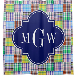 Cortina Para Chuveiro Pré-Pilhas Madras Marinho Quatrefoil Monograma