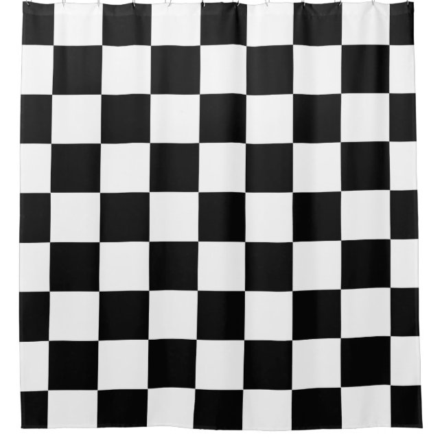 Cortina Para Chuveiro Preto com tabuleiro de damas branco (Frente)