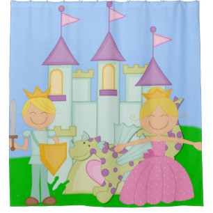 Cortina Para Chuveiro Princesa Loira, Príncipe, Dragão, Castelo Fairytal