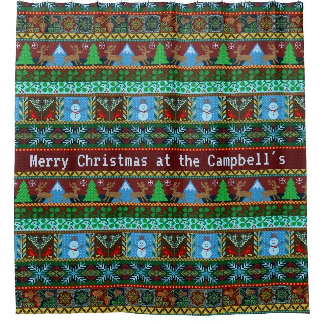 Cortina Para Chuveiro Reindeer de Neves de Natal | Nome da família (Frente)