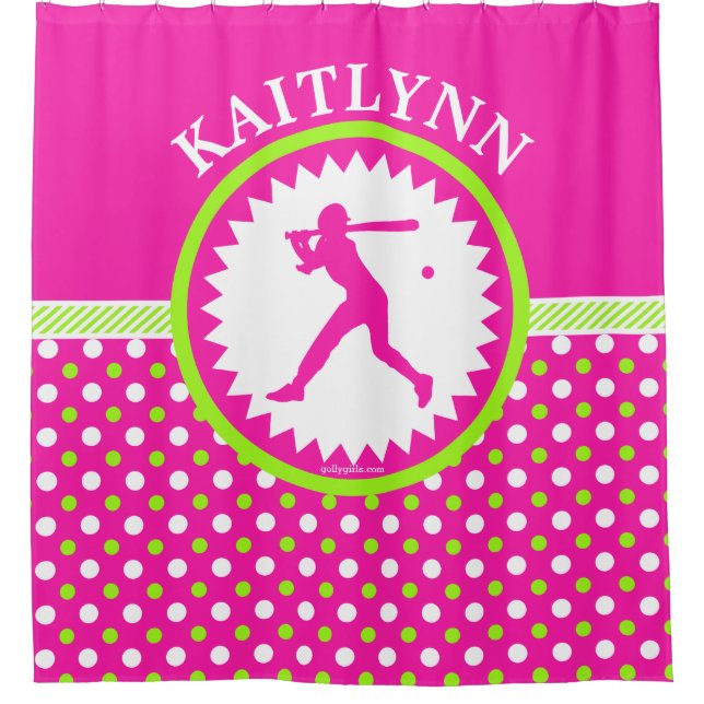 Cortina Para Chuveiro Rosa personalizado do softball - bolinhas verdes (Frente)
