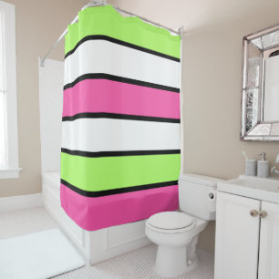 Cortina Para Chuveiro Rosa quente, verde limão, listras preto e branco