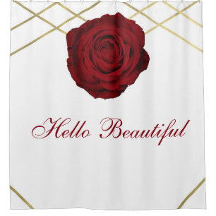 Cortina Para Chuveiro Rosa Vermelha & Linhas Douradas Floral Elegante Ch