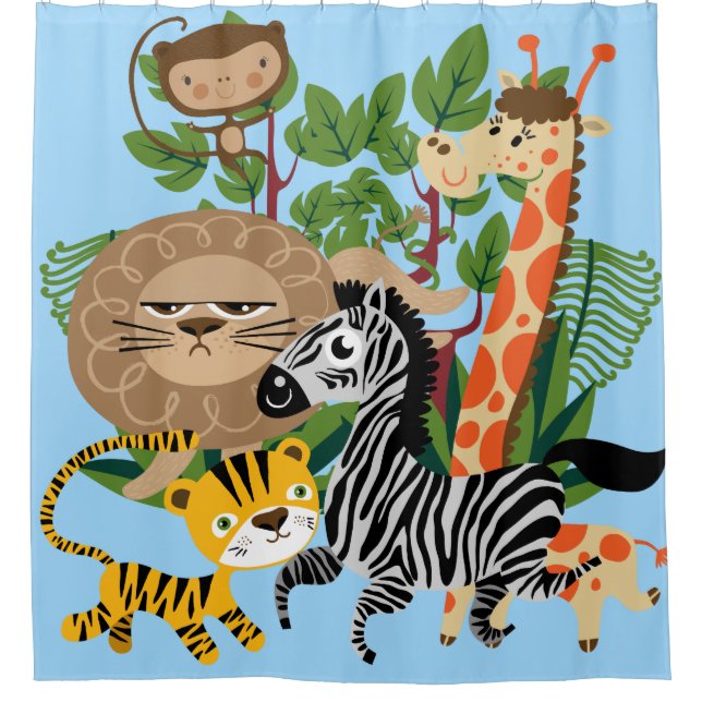 Cortina Para Chuveiro Safari Animal Giraffe Monkey Lion Zebra Tigre (Frente)