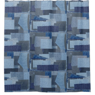 Cortina Para Chuveiro Sarja de Nimes azul Shibori dos retalhos de Boro