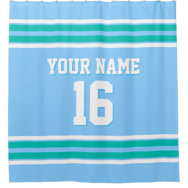 Cortina Para Chuveiro Sky Blue Teal White Stripes Sports Jersey (Frente)