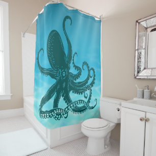 Cortina Para Chuveiro Teal Octopus Ocean Water Background