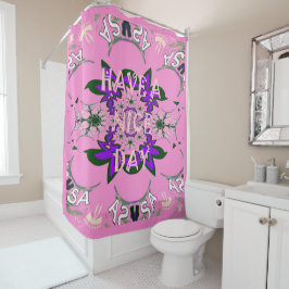 Cortina Para Chuveiro Tenha um Bom Dia bebê rosa floral motivo roxo