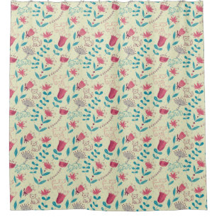 Cortina Para Chuveiro Teste padrão floral com gatos dos desenhos