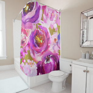 Cortina Para Chuveiro Toques De Rosa Moderno Dourado Roxo Floral Chic