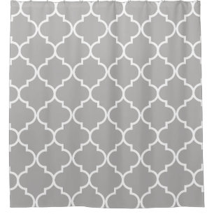 Cortina Para Chuveiro Treliça marroquina cinzenta e branca Quatrefoil