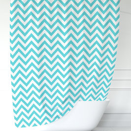 Cortina Para Chuveiro Turquesa Azul e Branco Chevron