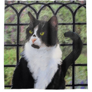Cortina Para Chuveiro Tuxedo Cat em Pintura de Janela Arte Animal Origin
