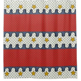 Cortina Para Chuveiro Vermelho, Branco, Azul - Bolinhas, Estrelas e Estr