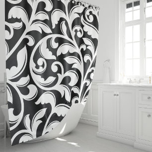 Cortina Para Chuveiro Videira Floral de Damasco Preto e Branco