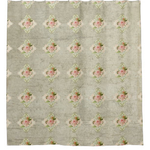 Cortina Para Chuveiro Vintage English Pink Rose sobre Cinza Wooden Conse