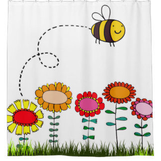 Cortina Para Chuveiro Vôo amigável da abelha acima das flores no branco