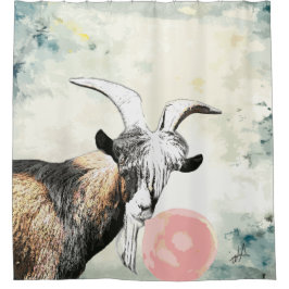 Cortina Para Chuveiro Watercolor Nigerian Goat Blows Bubblegum Bubble