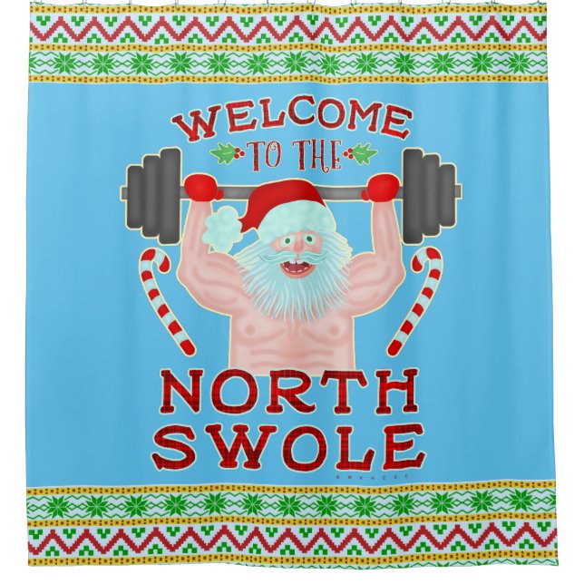 Cortina Para Chuveiro Weightlifter engraçado de Papai Noel Swole do (Frente)