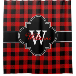 Cortina Para Chuveiro Xadrez Buffalo Preto Vermelho Monograma 1IRQ