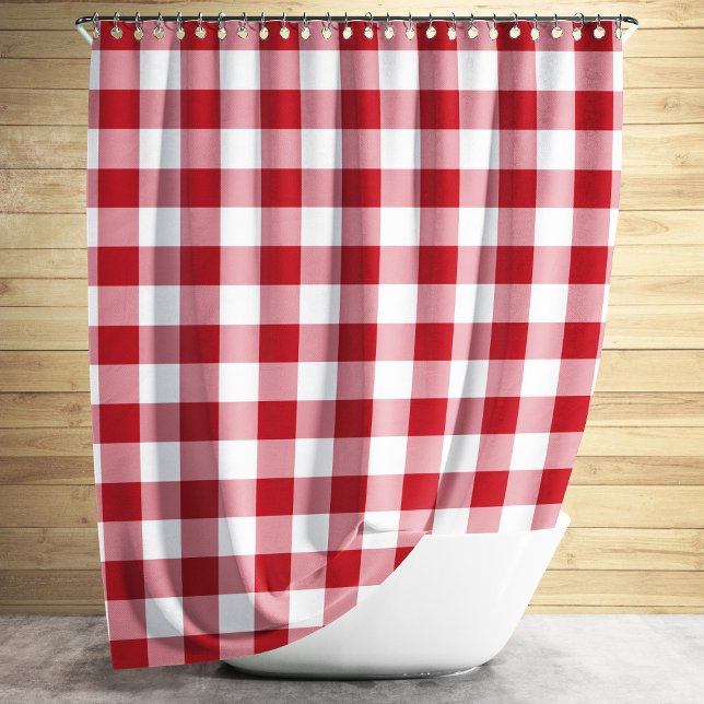 Cortina Para Chuveiro Xadrez Red Gingham Clássica (Red And White Checkered Gingham Pattern Design Shower Curtain)