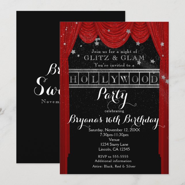 Cortinas vermelhas de HOLLYWOOD & Convites de fest (Frente/Verso)