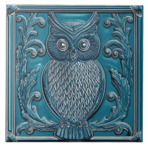 Coruja Art Nouveau azul-teal escuro falso relevo