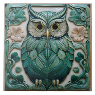 Coruja Art Nouveau verde-água com relevo falso