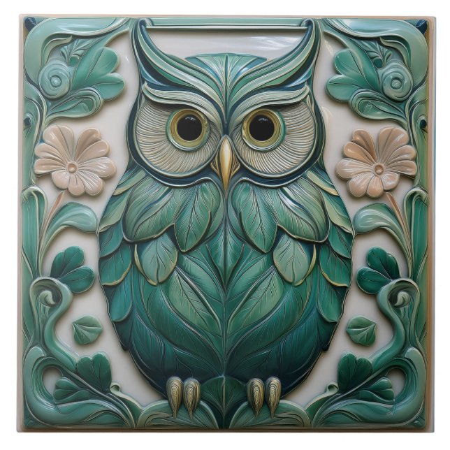 Coruja Art Nouveau verde-água com relevo falso (Frente)
