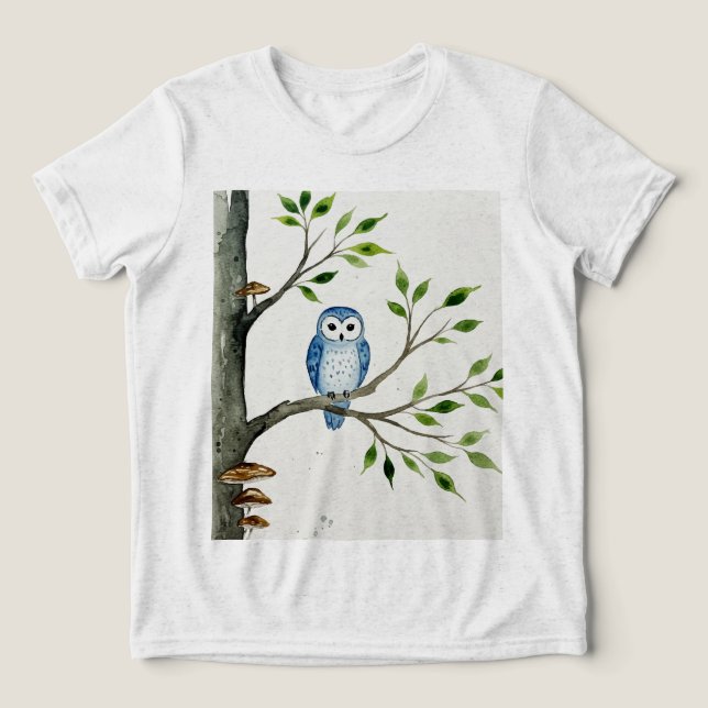 Coruja azul em um galho de árvore (Design frontal)
