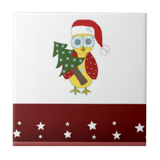 Coruja com chapéu de Papai Noel com árvore de Nata