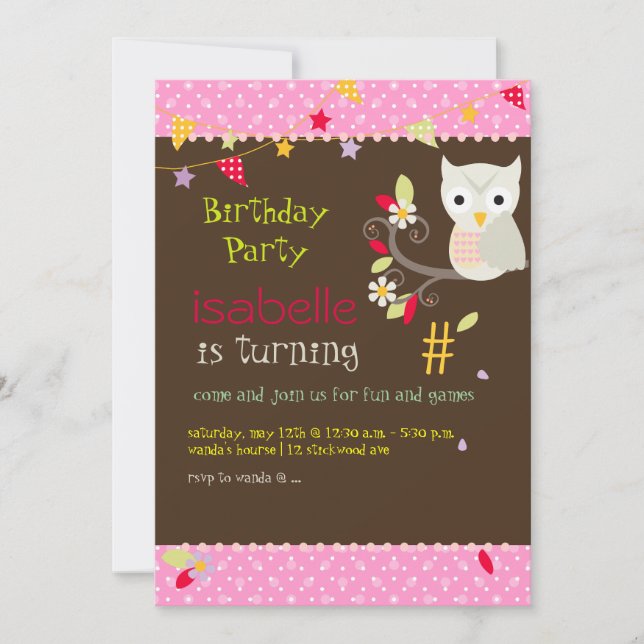 Coruja, convites de aniversário (Frente)
