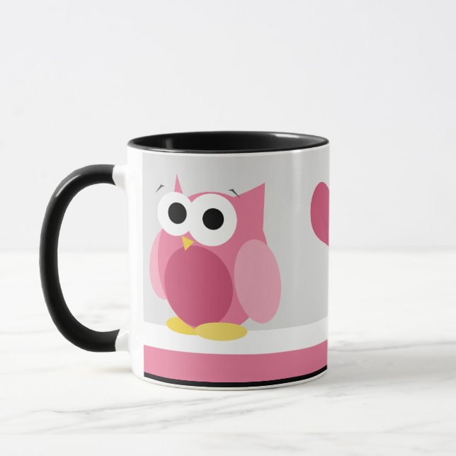 Coruja cor-de-rosa engraçada com corações - caneca (Esquerda)