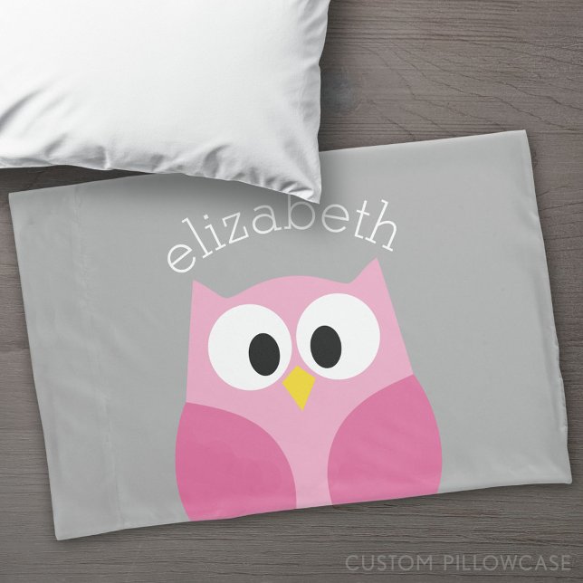 Coruja de Cartoon Bonita - Nome Personalizado Rosa (Custom Pillowcase)