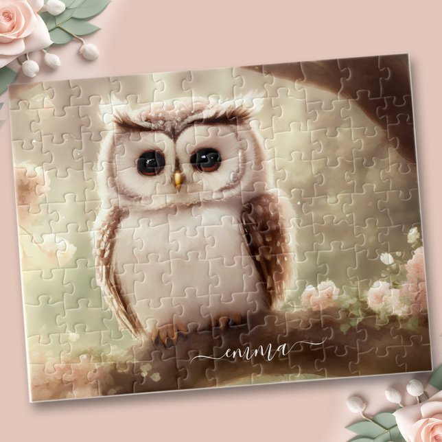 Coruja de coroa aquática, jigserra quebra-cabeça (Cute watercolor owl name jigsaw puzzle)