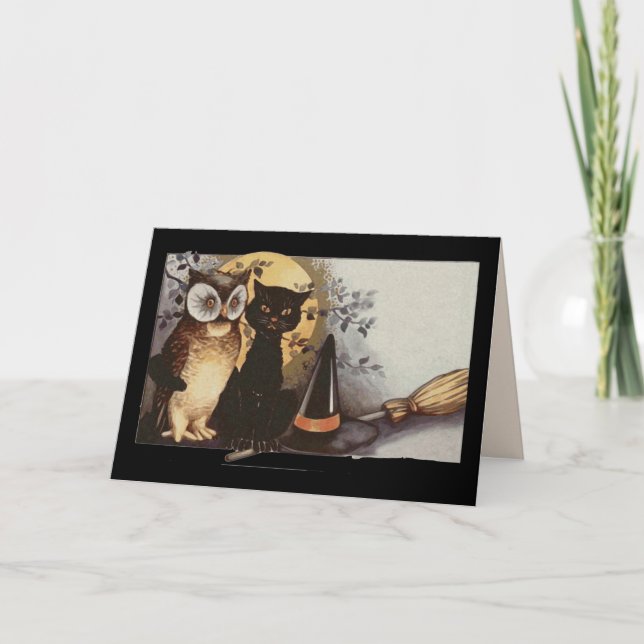 coruja de halloween e cartão de saudação de gato (Frente)