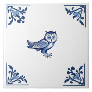 Coruja Decorativa com cantos Azul e Branco Delft