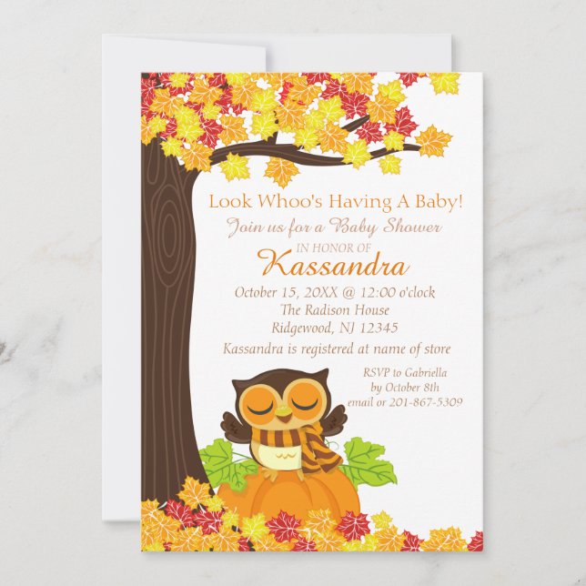 Coruja Em Um Convite Para Chá de fraldas De Abóbor (Frente)