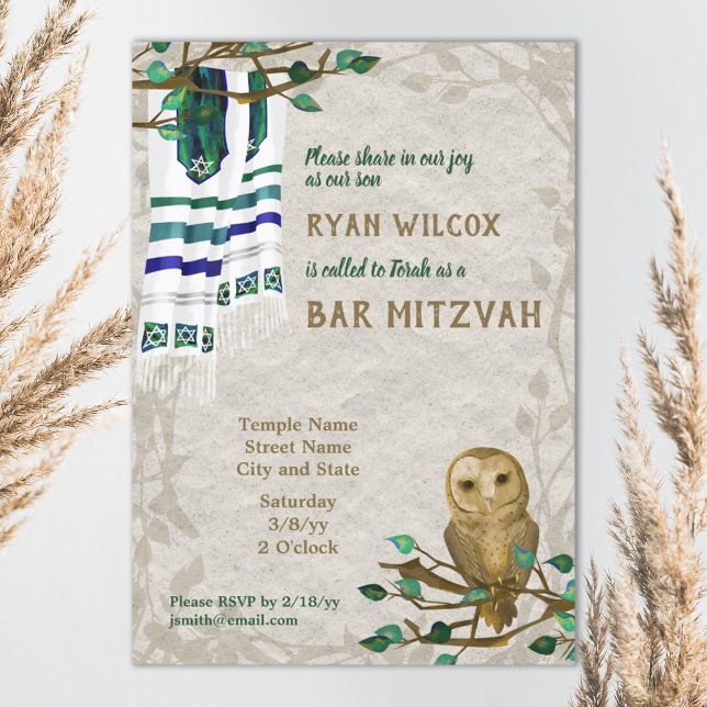 Coruja, Oração Tallit, Bar Verde, Convite Mitzvah (beige, blue, teal owl nature forest bar mitzvah invitation with tallit prayer shawl)