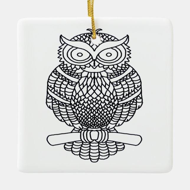 Coruja (quadrado branco) - Ornamento cerâmico (Frente)