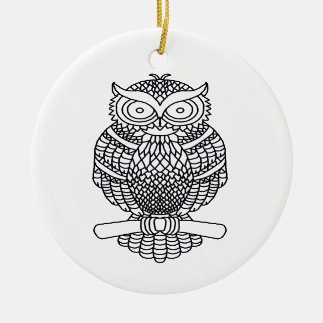 Coruja (redondo branco) - Ornamento cerâmico (Frente)