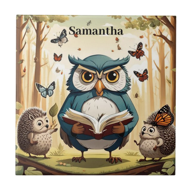 Coruja velha, borboletas, ouriços Nome editável (Frente)