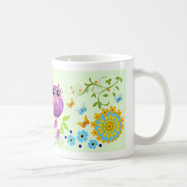 Corujas bonitos do verão, flores e caneca (Direita)
